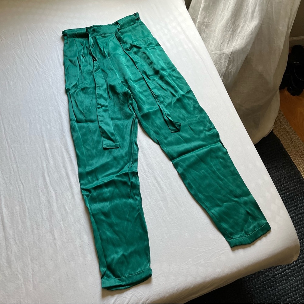 INDAH green satin belted cropped tapered slim leg pants